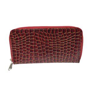 Red and Gold Crocodile Print Embossed Zip Around Wallet Wristlet